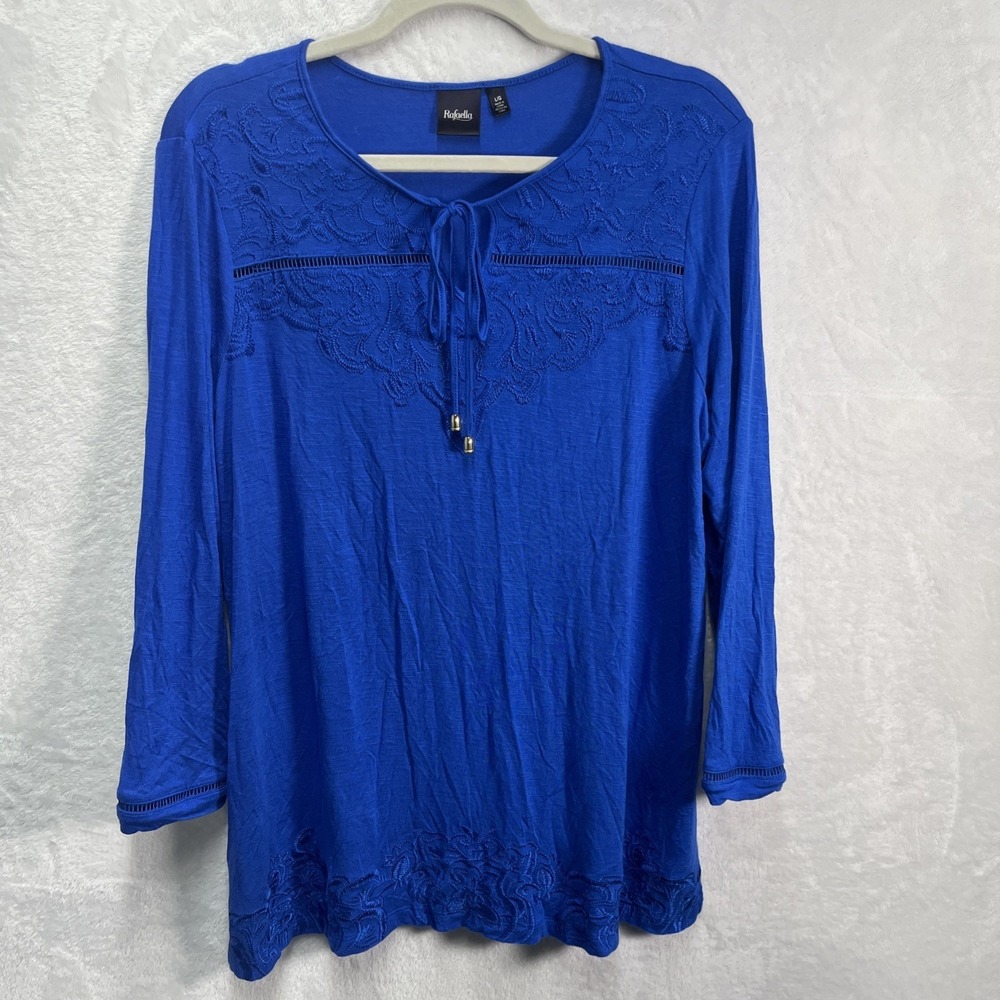 Rafaella Embroidered Tunic Top Women's Large Blue Ladder Lace‎ Cozy Stretch